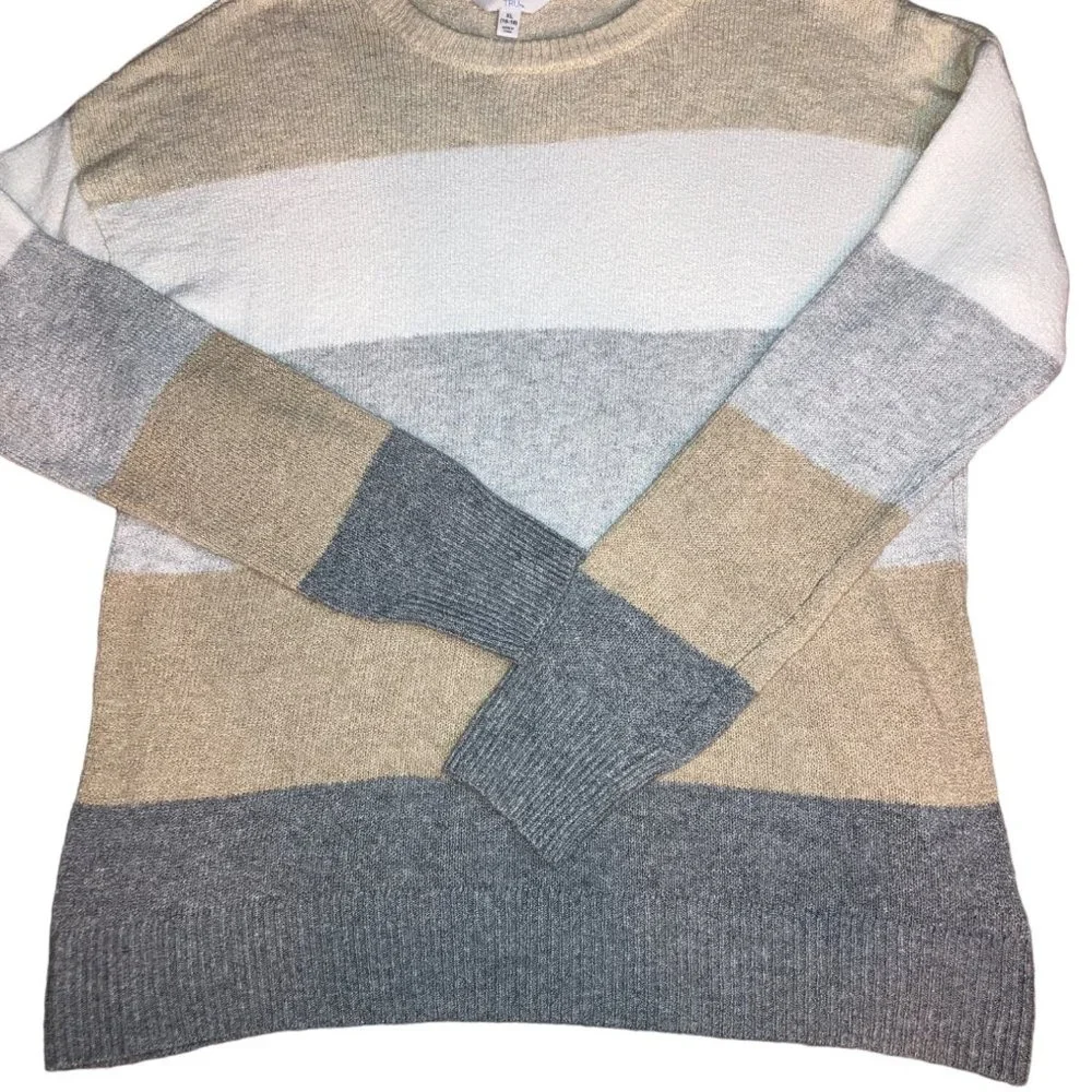 TIME & TRU BEIGE GRAY WHITE STRIPED LONG SLEEVE PULLOVER SWEATER XL (16-18)